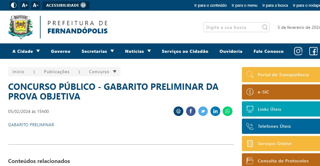 CONCURSO PÚBLICO: Prefeitura divulga gabarito preliminar da prova objetiva