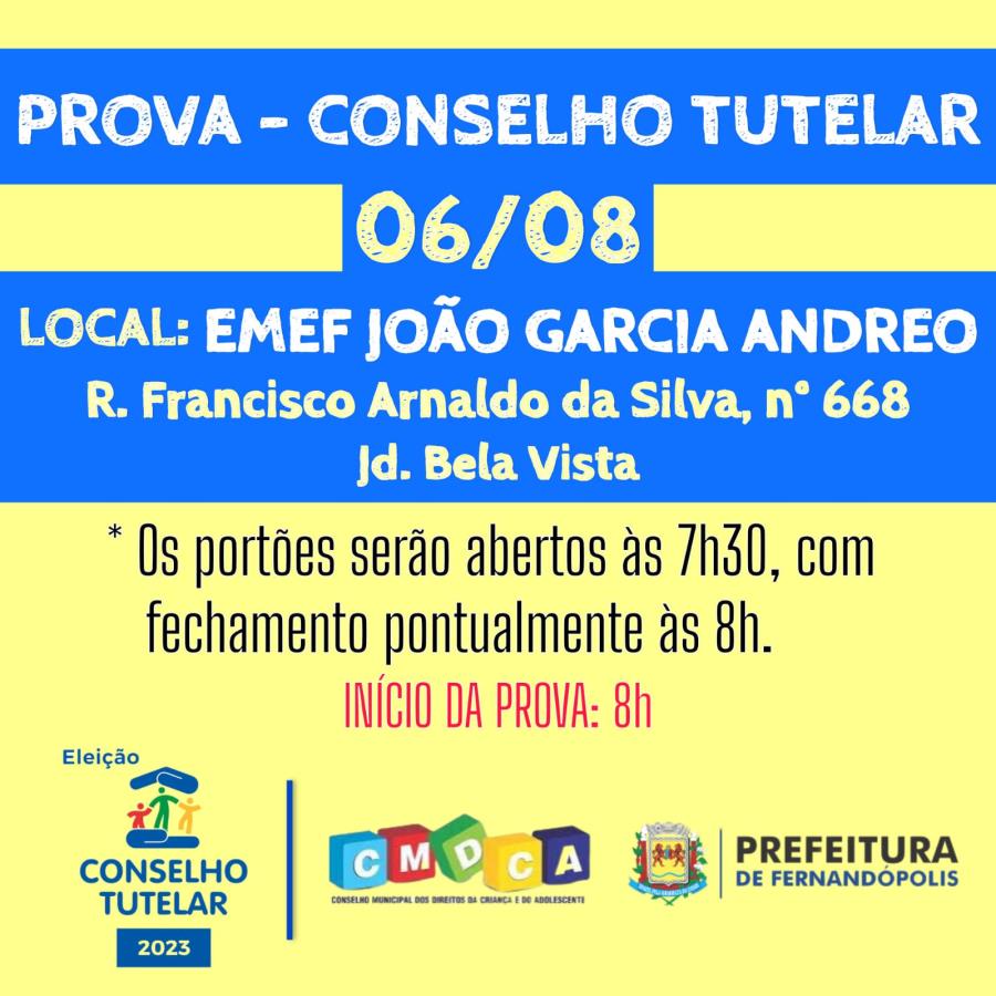 Prova do Conselho Tutelar acontece no próximo domingo, 06, na escola Andreo