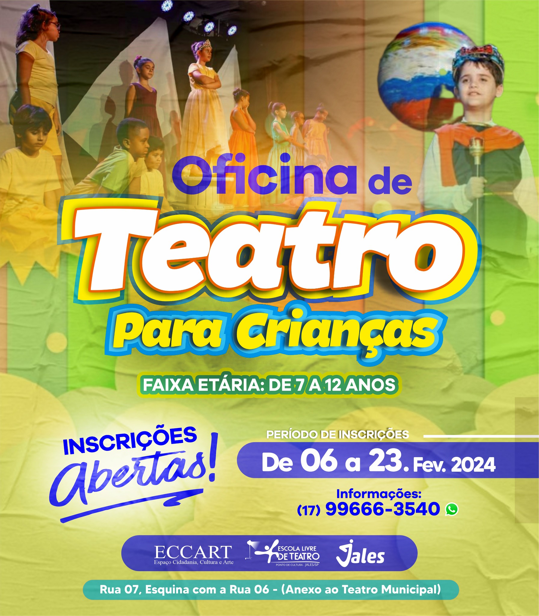 Ponto de Cultura Escola Livre de Teatro de Jales está com inscrições abertas para Oficinas de Teatro, para crianças de 7 a 12 anos e Oficinas de Teatro, para jovens e adultos de 13 a sem limites de id