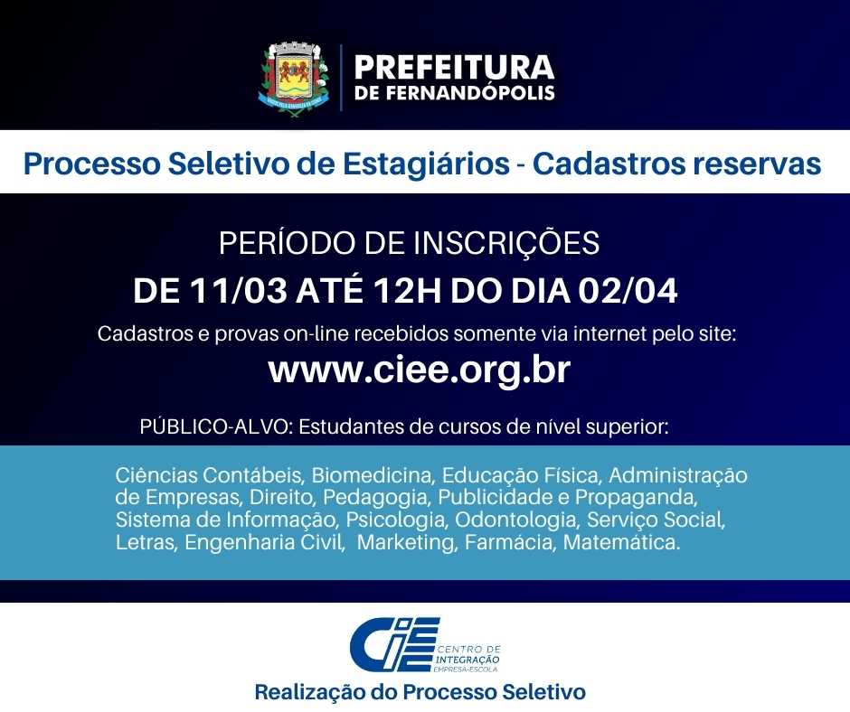 Inscrições para processo seletivo de estagiários da Prefeitura começam amanhã, segunda, 11-03