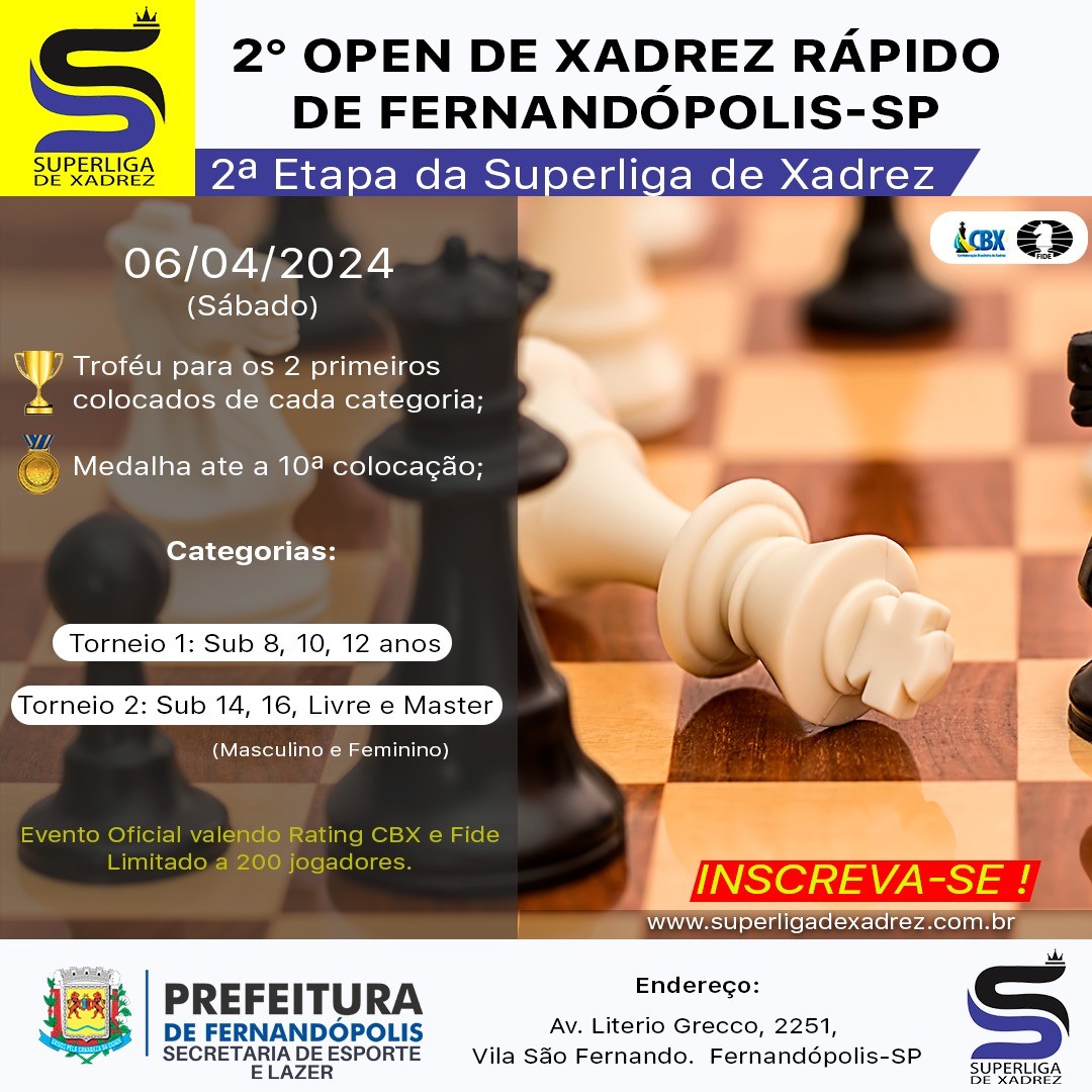 ‘2° Open de Xadrez Rápido’ acontece no dia 6 de abril