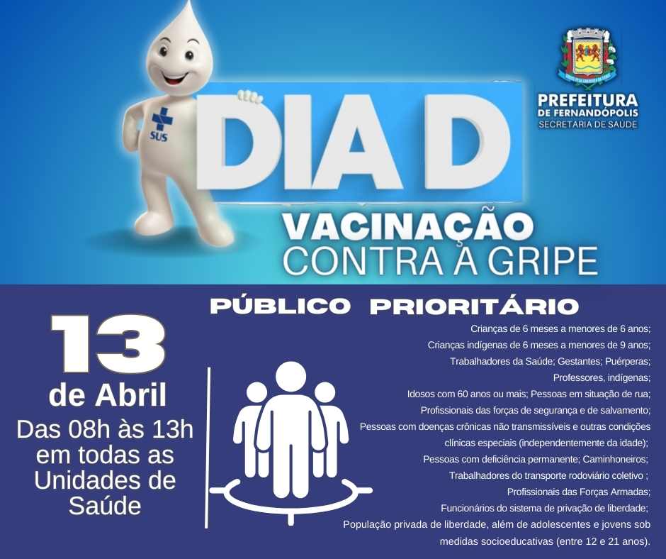 ‘Dia D’ da vacinação contra a Influenza (gripe) acontece neste sábado, 13