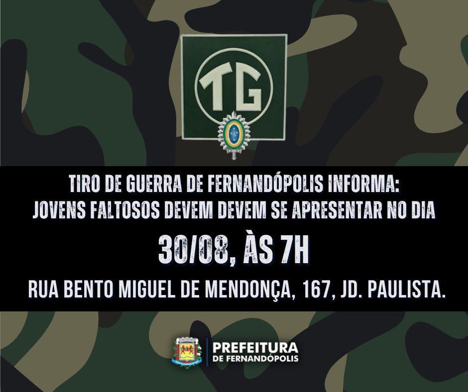 Tiro de Guerra: jovens faltosos devem comparecer no dia 30/08, às 7h