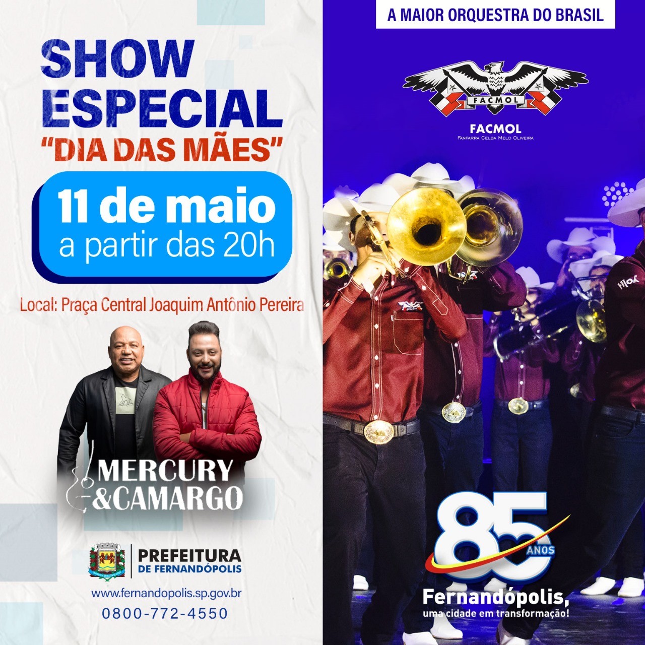 Comemoração do Dia das Mães: show da Facmol é neste sábado, 11, na praça