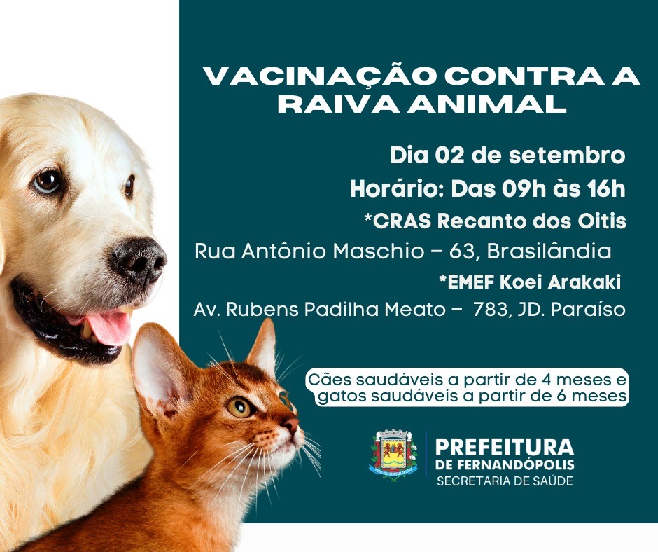 Vacinação contra a raiva animal acontece dia 02 de setembro no CRAS II e Escola Koei Arakaki