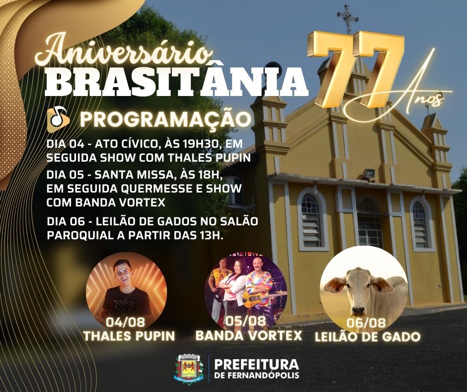 Distrito de Brasitânia completa 77 anos com festa neste final de semana 