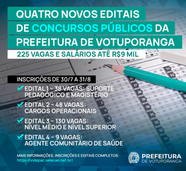 Votuporanga abre concursos com 225 vagas; salários de R$ 1,6 mil a R$ 9,3 mil