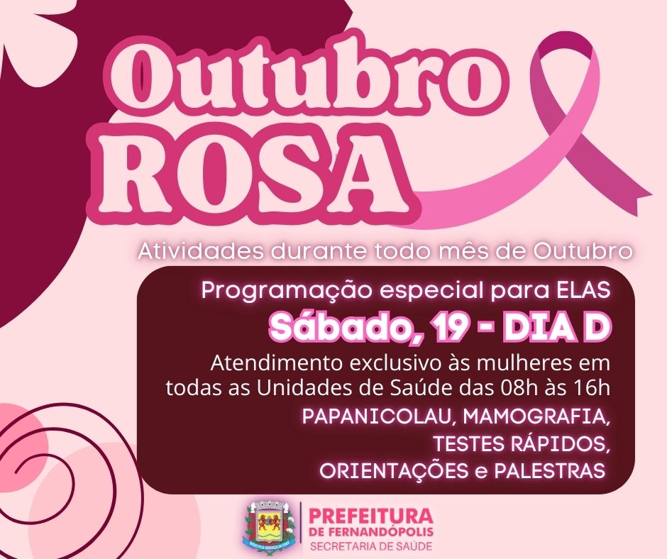 Dia D’ da Campanha Outubro Rosa acontece neste sábado, dia 19