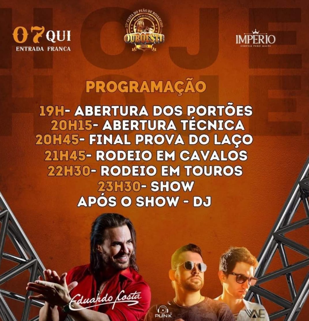 2º Noite da 25º Festa do Peão de Ouroeste tem rodeio, Eduardo Costa e Dj com entrada franca