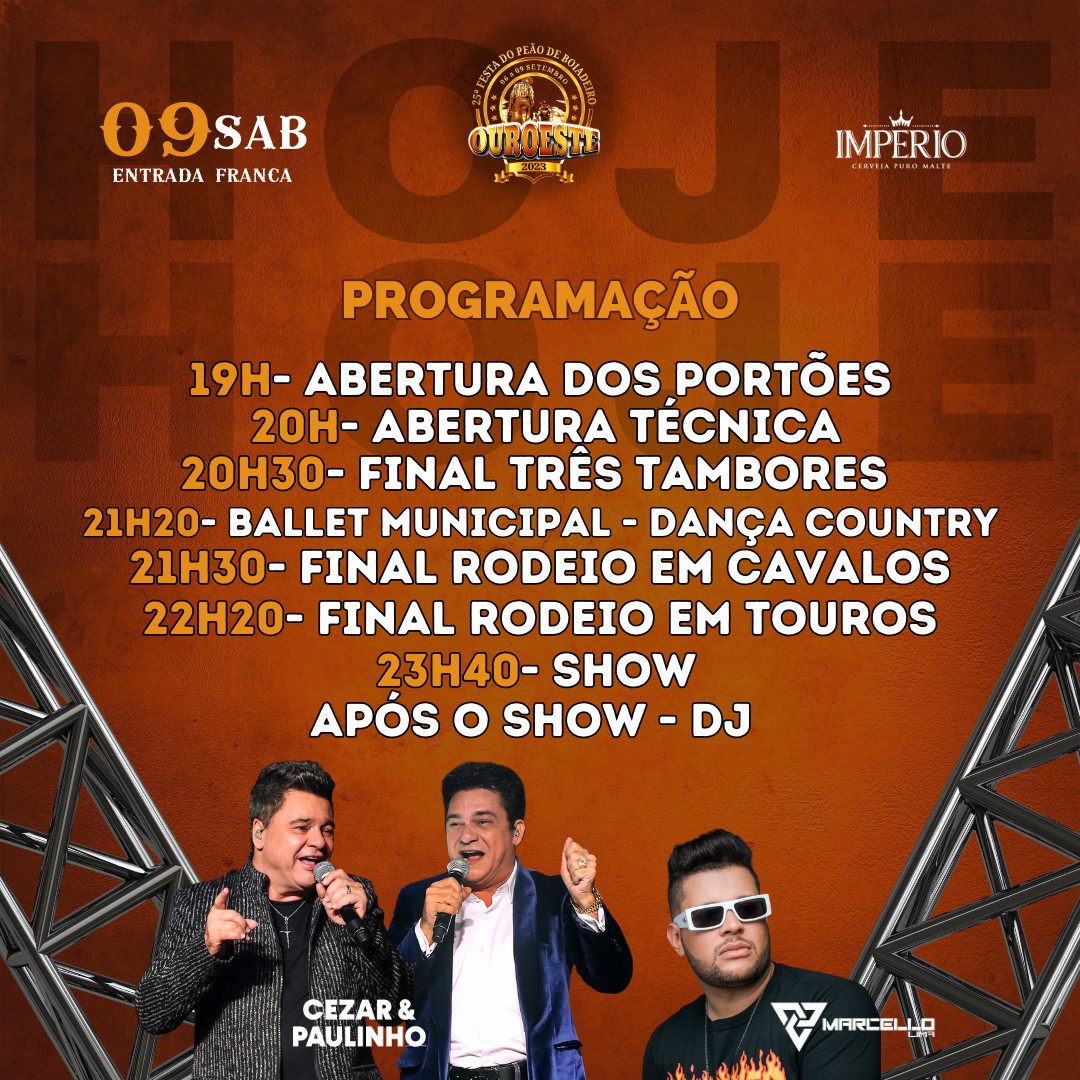 OUROESTE TEM GRANDE FINAL DO RODEIO EM TOUROS, CAVALOS E PROVA DOS 3 TAMBORES, SHOW COM CEZAR E PAULINHO E DJ, HOJE 09 DE SETEMBRO, COM ENTRADA FRANCA