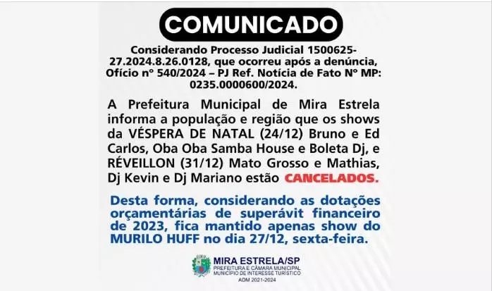 Prefeitura de Mira Estrela cancela shows de Natal e Réveillon; mas apresentação de Murilo Huff é mantido