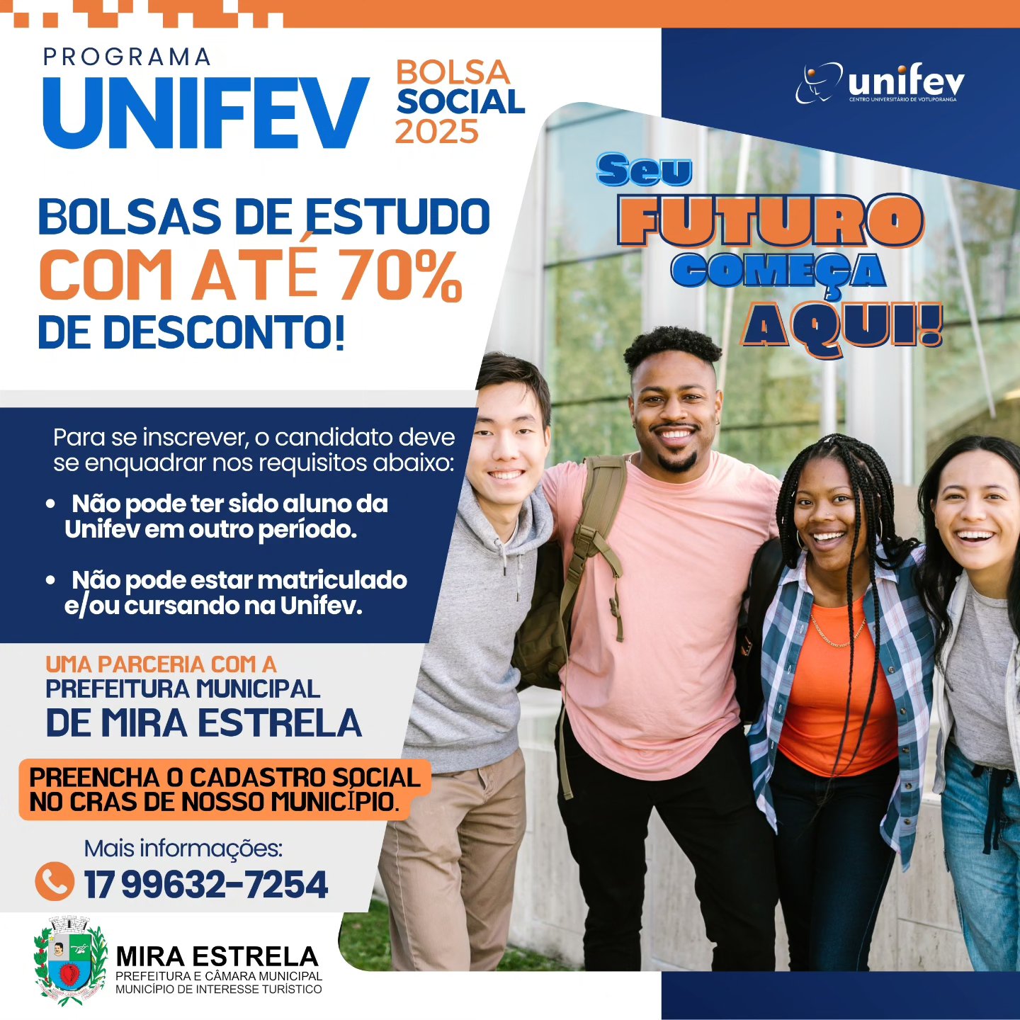 Unifev, em parceria com o município de Mira Estrela, está realizando o cadastro de alunos para a segunda chamada do Programa de Bolsa Social 2025.