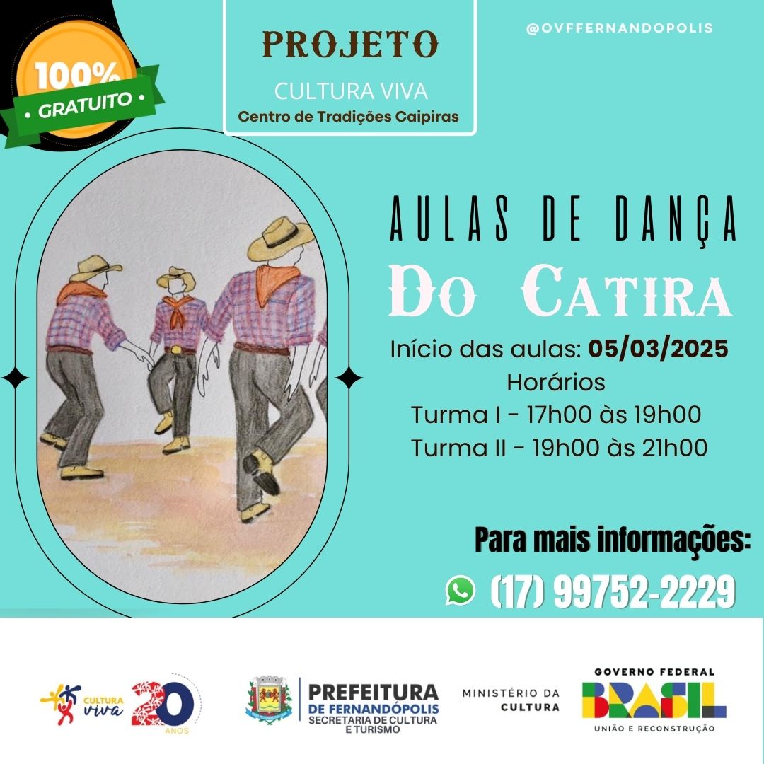 As aulas de dança do Catira começam nesta quarta feira 05 de Março de 2025