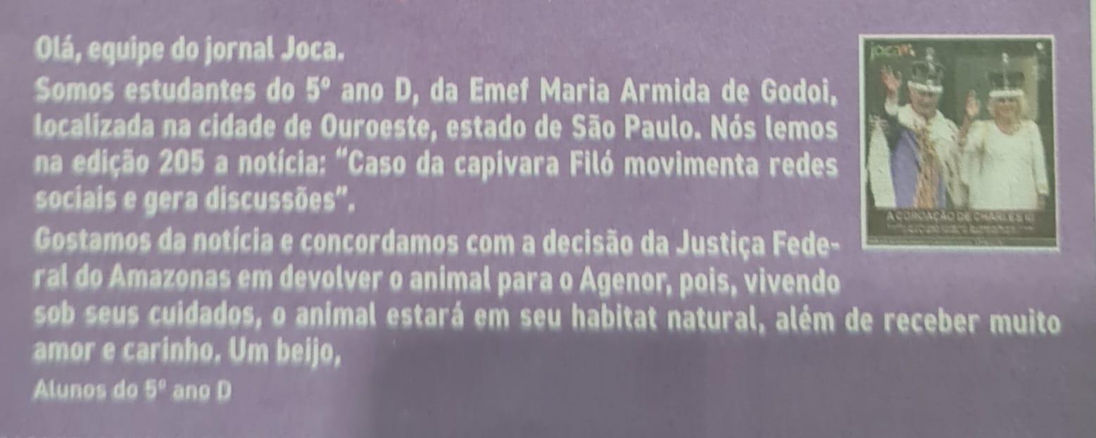 EMEF MARIA ARMIDA DE GODOI TEM TEXTO DE ALUNOS PUBLICADO EM JORNAL