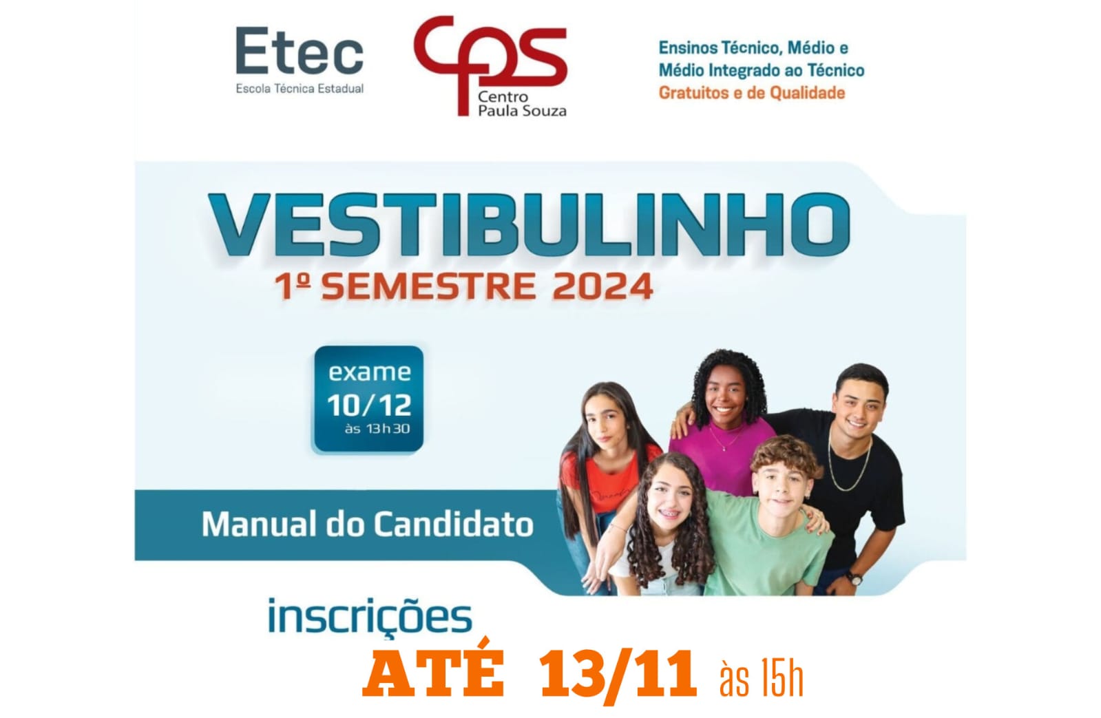 Inscrições para o ‘vestibulinho’ da ETEC terminam no dia 13 de novembro