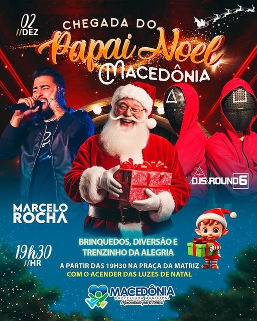 Hoje, 02-12-2023, em Macedônia tem a Noite das luzes de Natal e chegada do Papai Noel