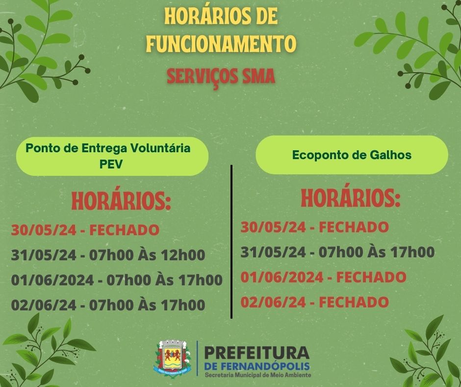 FERIADO PROLONGADO: Confira os horários de funcionamento do PEV e ...